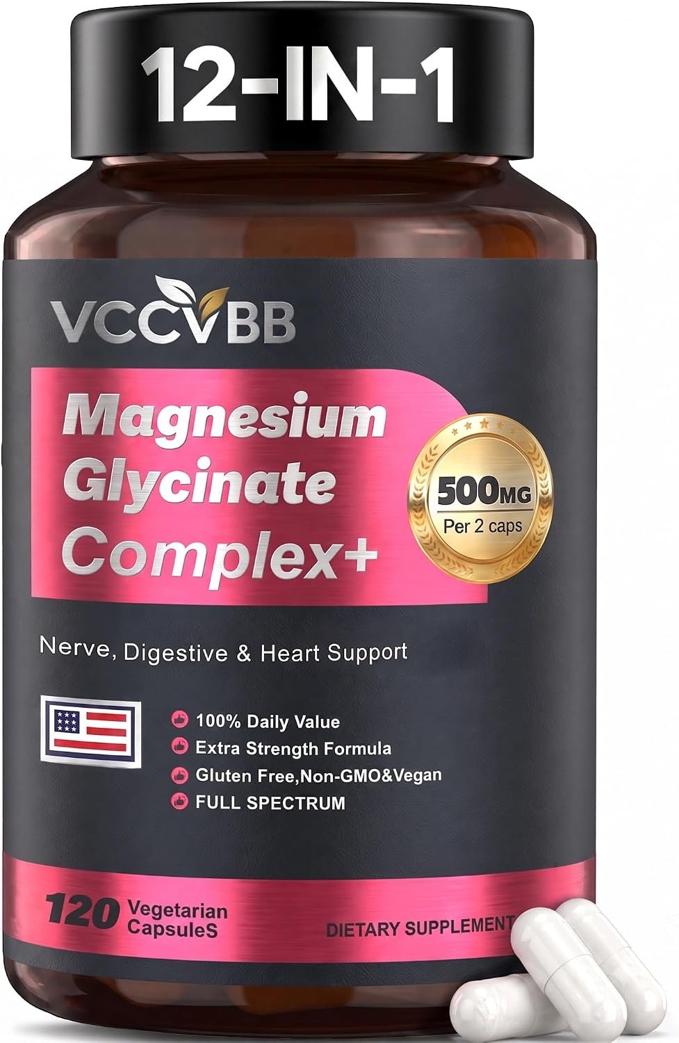Glicinato de magnesio 500 mg, complejo de magnesio 12 en 1
